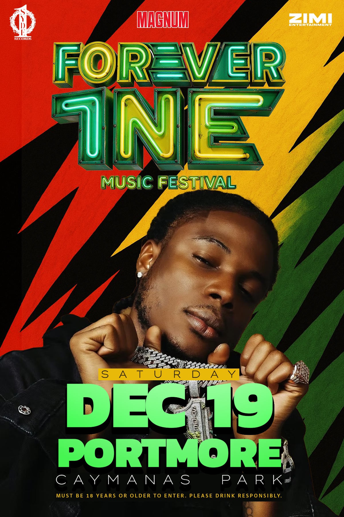 FOREVER1NE Music Festival flyer — Saturday, December 19, Caymanas Park, Portmore